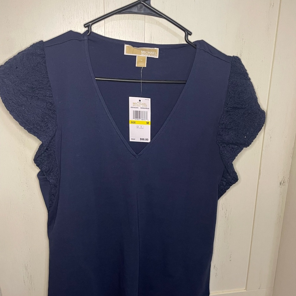 MICHEAL KORS Navy Blouse with Lace Sleeves
